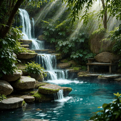 Peaceful cascading waterfall flowing over mossy rocks into a calm turquoise pool, surrounded by lush green forest